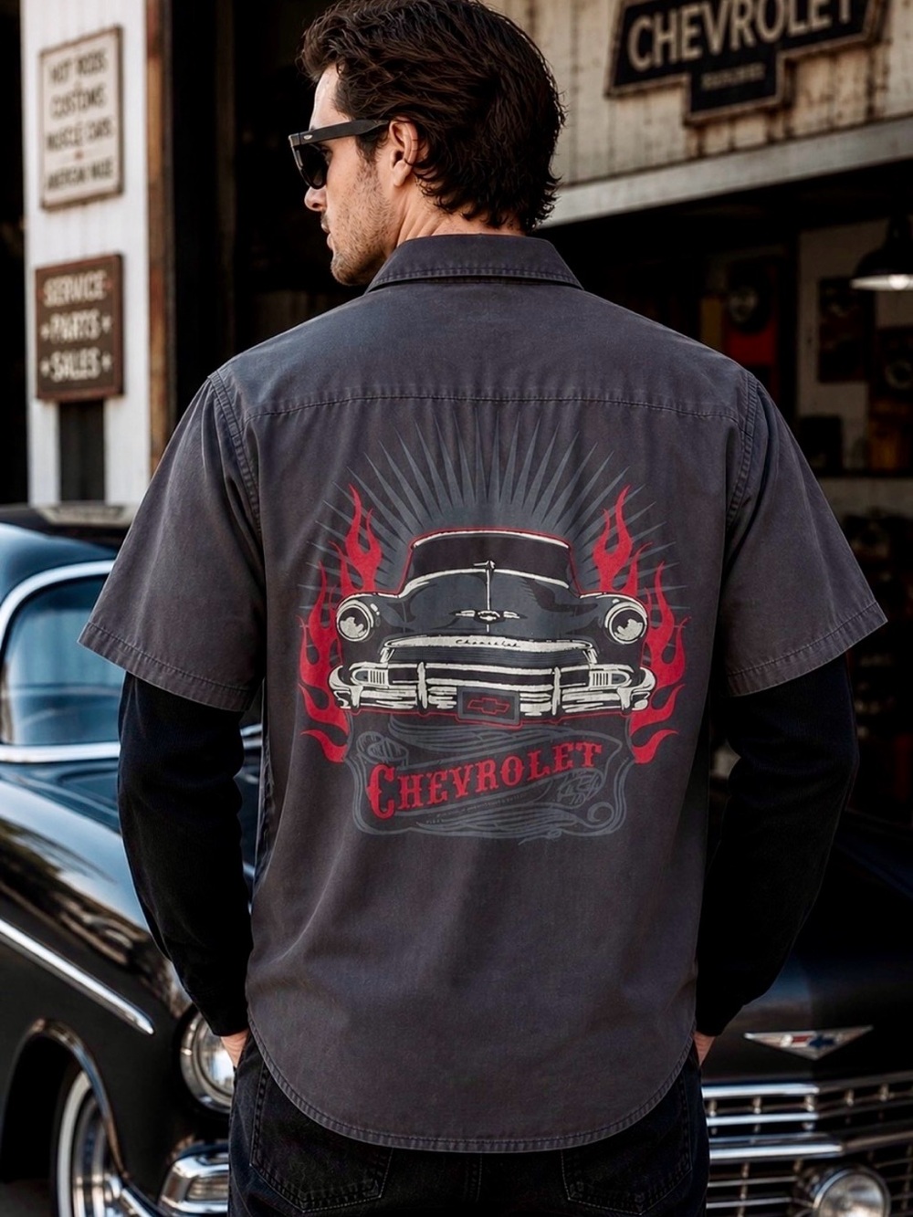 Hybrid Gray Long Sleeve Work Shirt with Chevrolet Hot Rod Flame Graphic Large